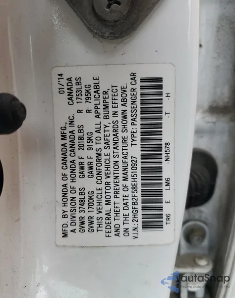 2014 Honda Civic Lx из США, поврежденный, VIN 2HGFB2F58EH510927